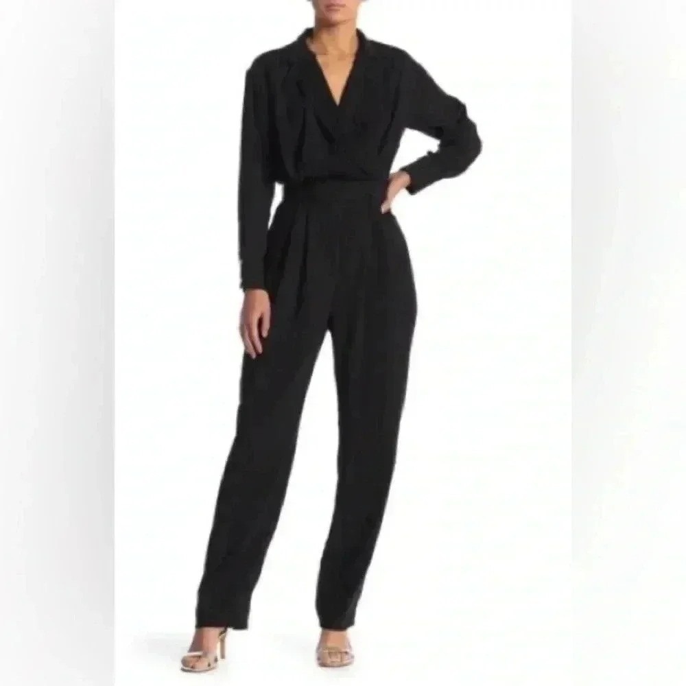 Love Harmony Black Long Sleeve Surplice Wrap Jumpsuit Pleated Front NWT‎ Size S